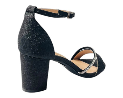 Glitter Ankle Strap Block Heel Diamante Shoes