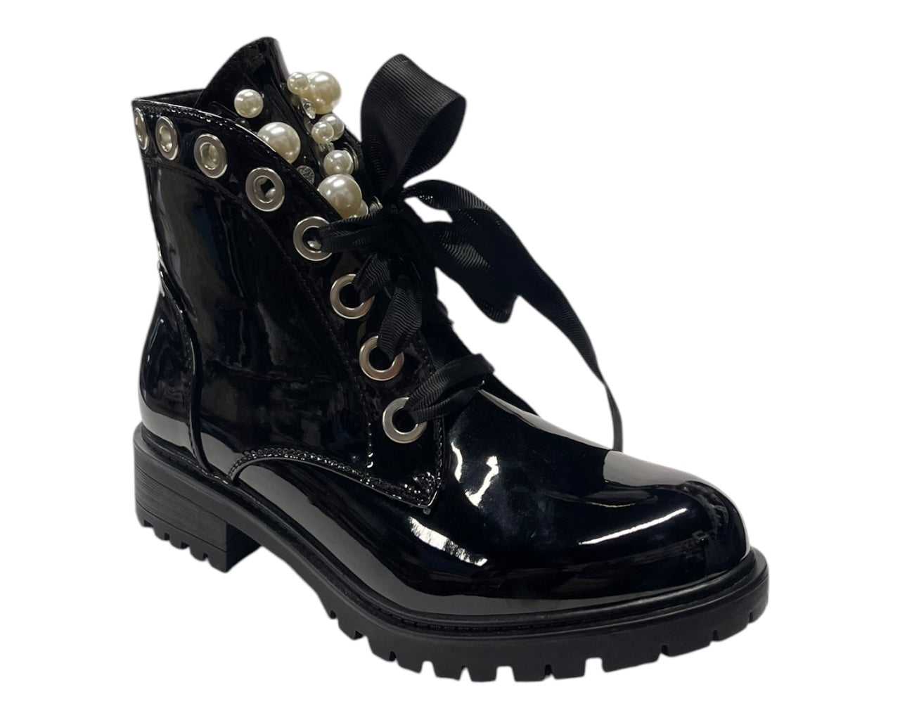 Faux Patent Leather Thick Lace Pearls Ankle Boots