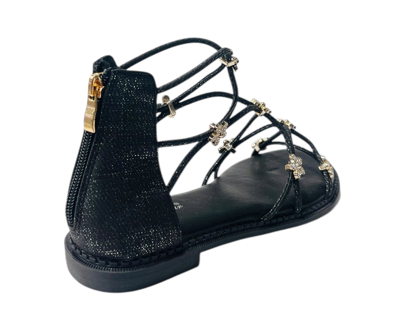 Strass Flowers Flat Zip Sandals