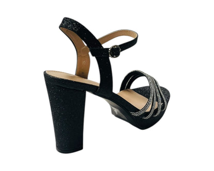 Diamante Block Heel Glitter Ankle Strap Shoes