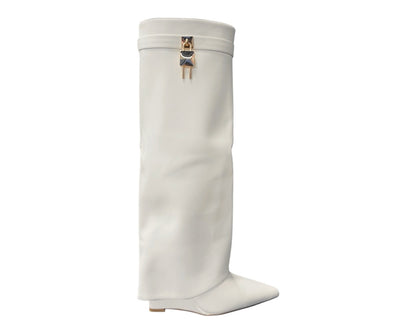 Faux Leather Padlock Knee High Fold Over Wedge Heel Boots