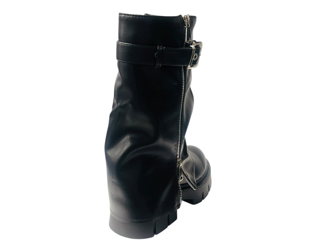 Chunky Sole Mid Calf Zip Fold Over Biker Boots