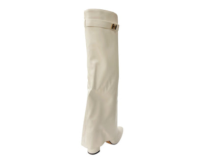 Knee High Faux Leather Fold Over Block Heel Boots