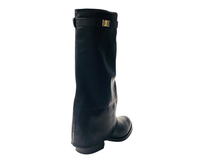 Knee High Faux Leather Fold Over Flat Sole Boots