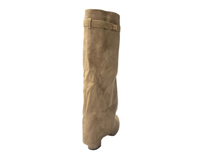 Knee High Faux Suede Fold Over Block Heel Boots