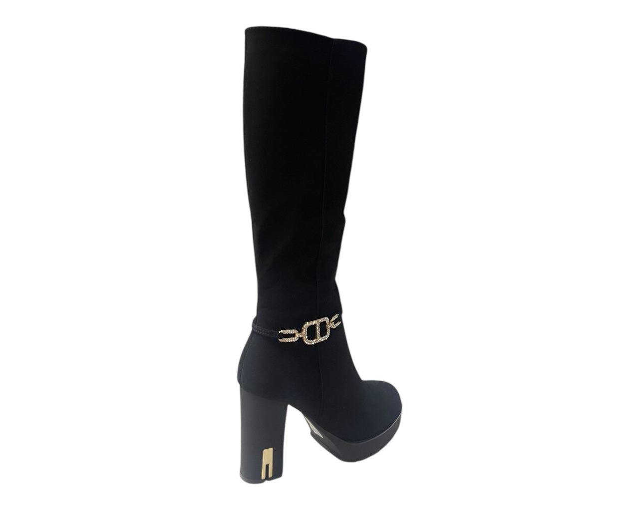 Block Heels Zip Diamante Knee High Boots