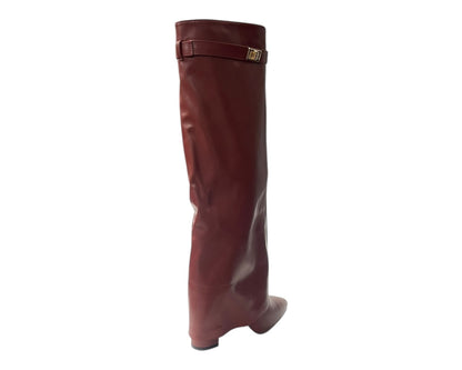 Knee High Faux Leather Fold Over Block Heel Boots
