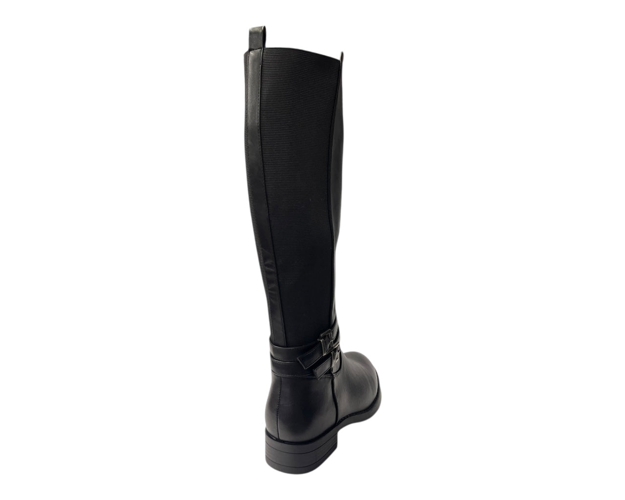 Faux Leather Knee High Elastic Panel Flat Sole Boots