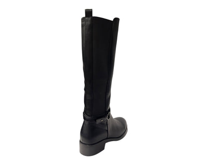 Knee High Faux Leather Elastic Panel Flat Sole Boots