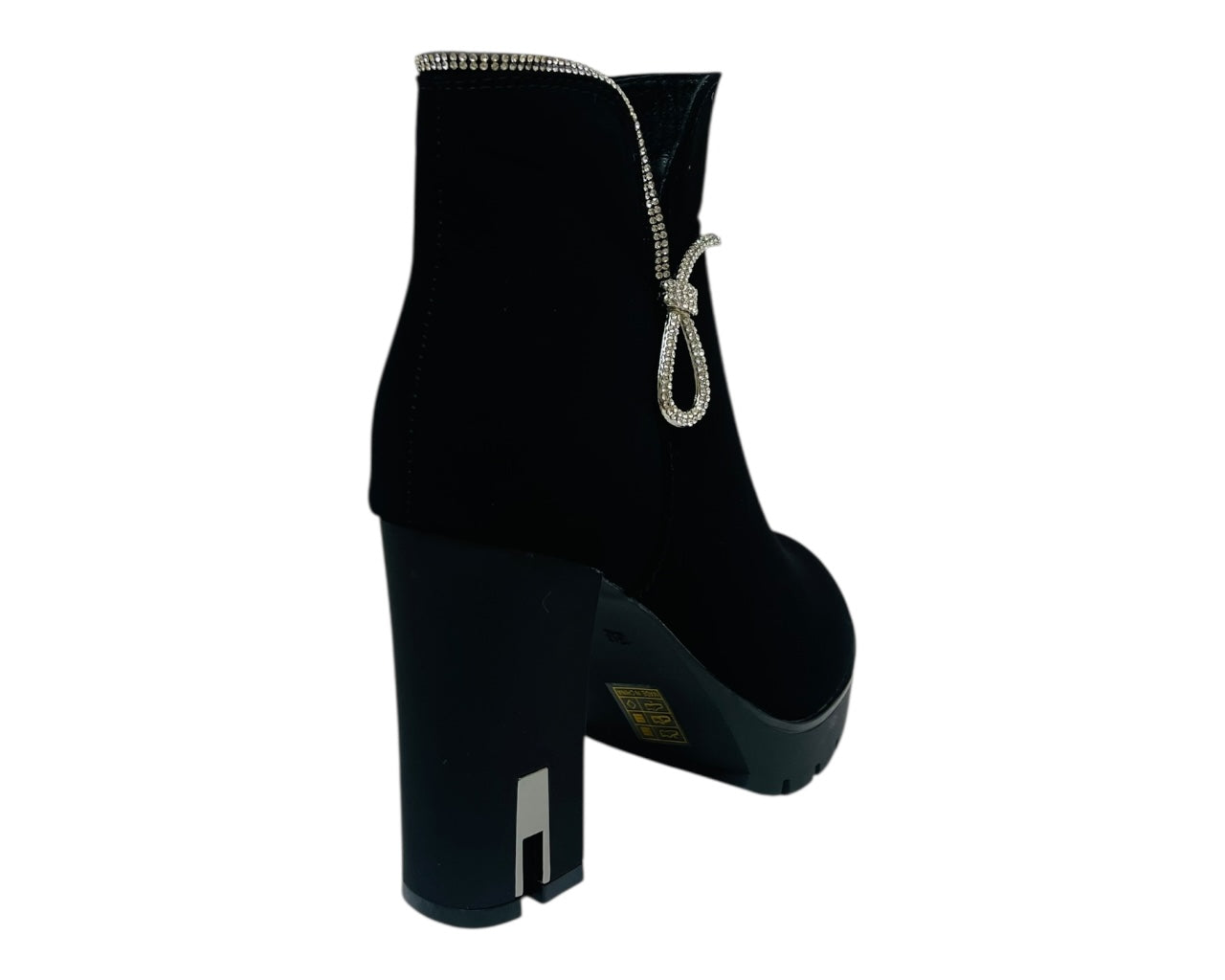 Diamante Faux Suede Block Heel Zip Ankle Boots