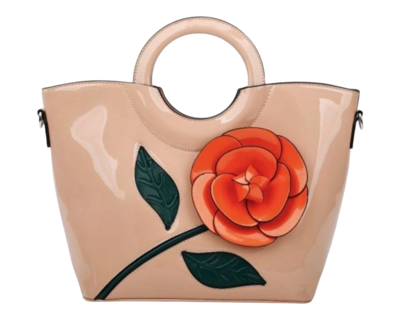 Faux Patent Floral Embellished Top Handles Large Shoulder Bag