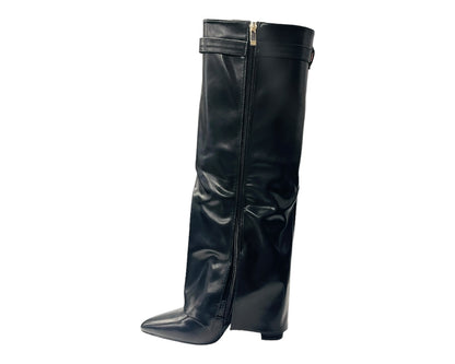 Faux Leather Padlock Knee High Fold Over Block Heel Boots