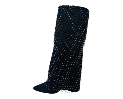 Fold Over Knee High Diamante Fishnet Boots