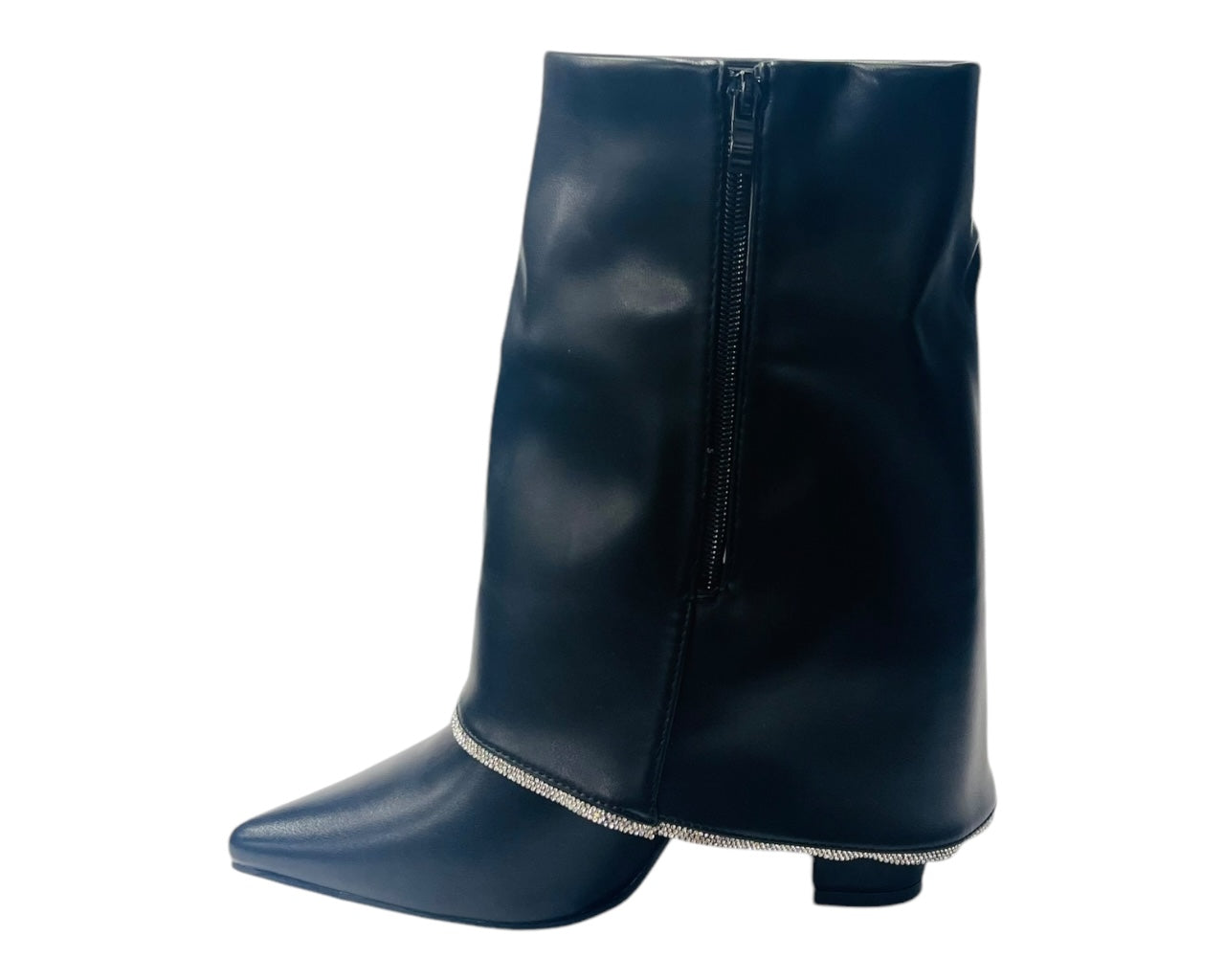 Block Heel Fold Over Rhinestone Ankle Boots