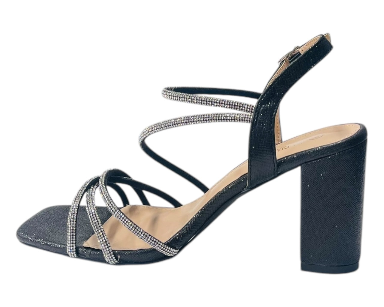 Diamante Glitter Ankle Strap Block Heel Shoes