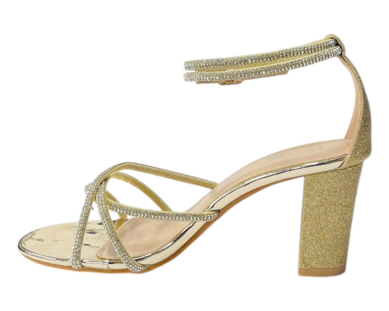 Crossover Block Heel Diamante Strappy Shoes