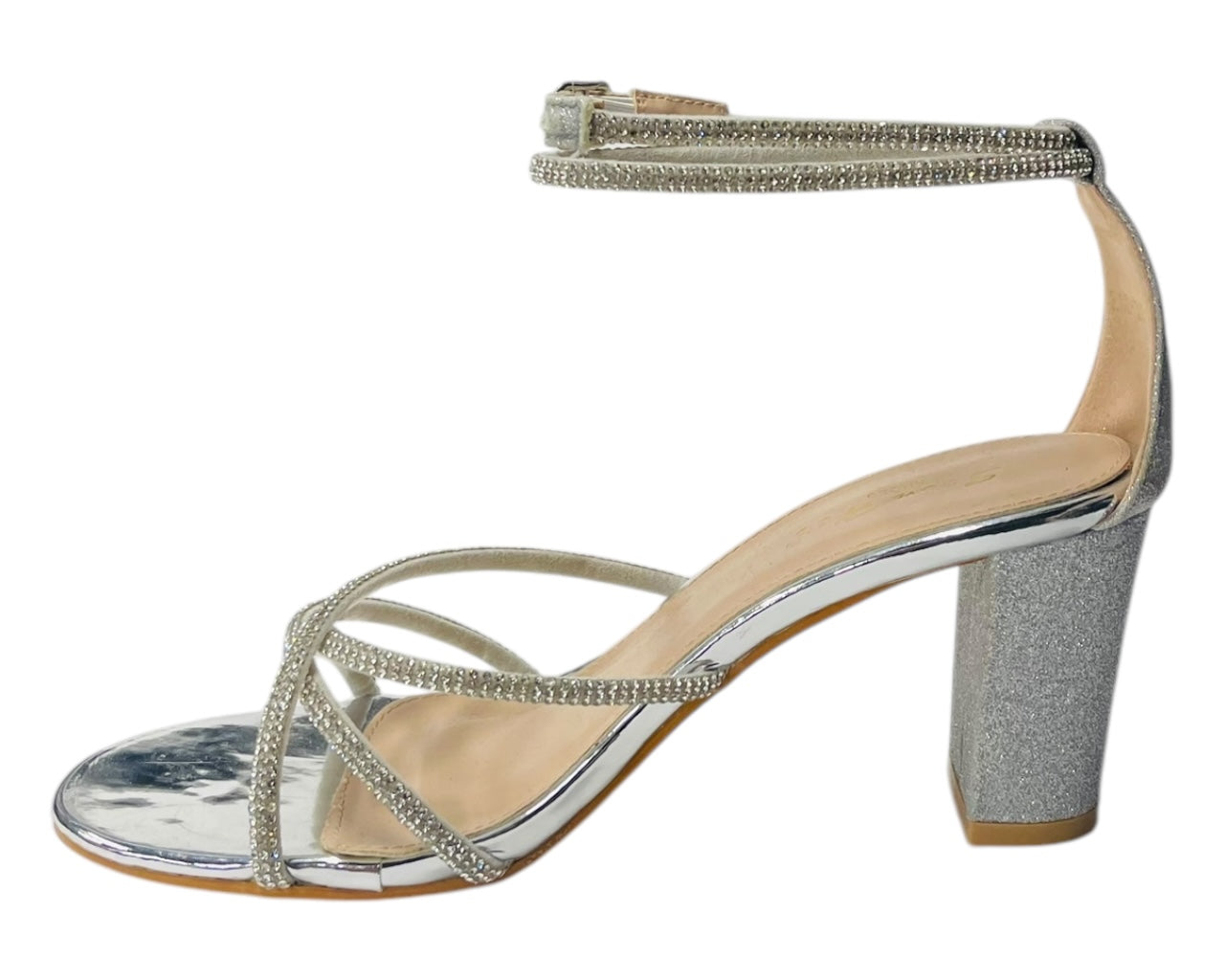 Crossover Block Heel Diamante Strappy Shoes