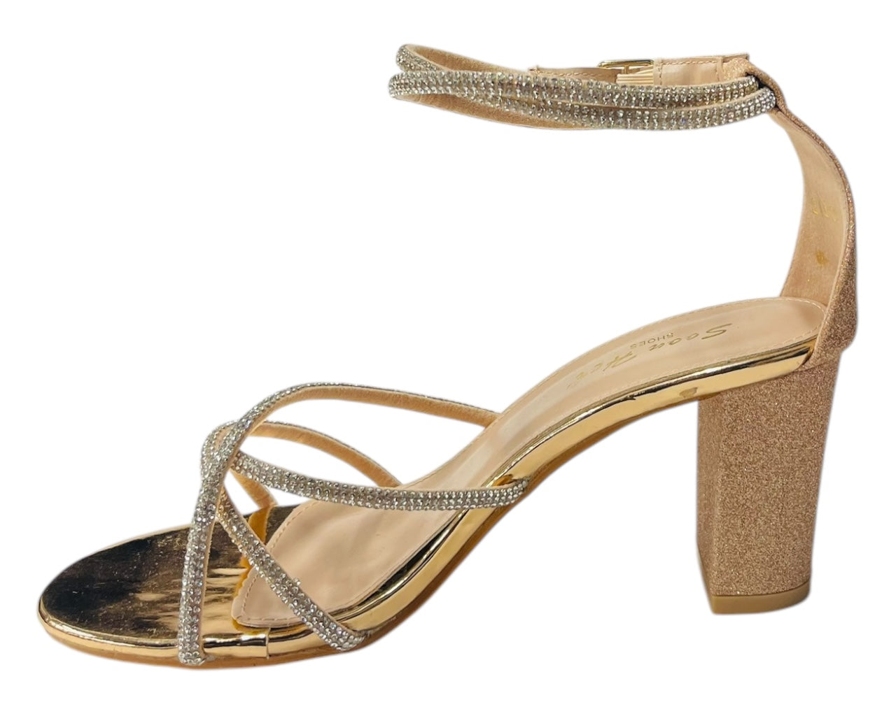 Crossover Block Heel Diamante Strappy Shoes