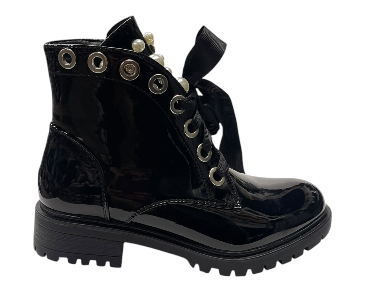 Faux Patent Leather Thick Lace Pearls Ankle Boots