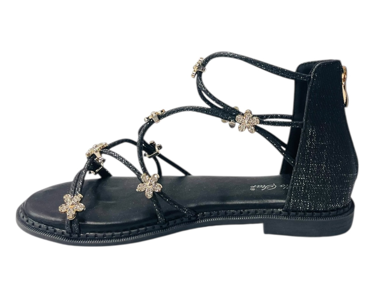 Strass Flowers Flat Zip Sandals