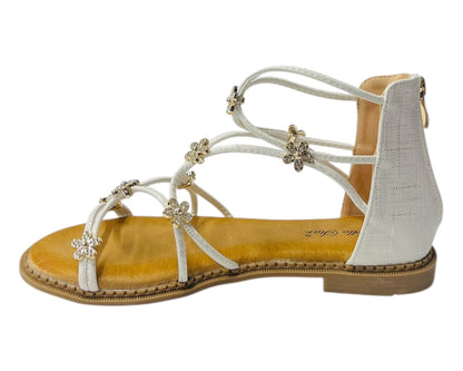 Strass Flowers Flat Zip Sandals