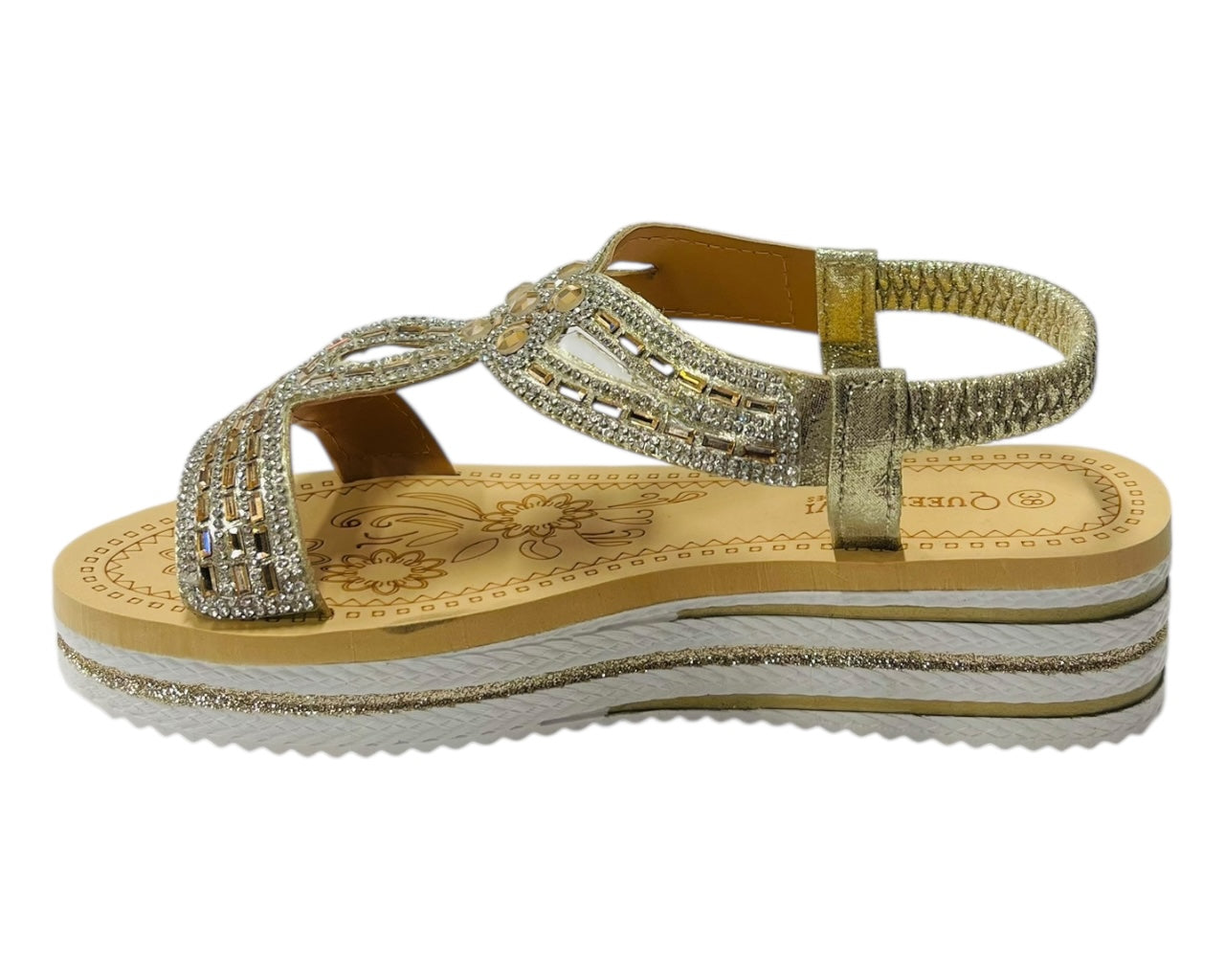 Elastic Ankle Strap Diamante Wedge Sandals
