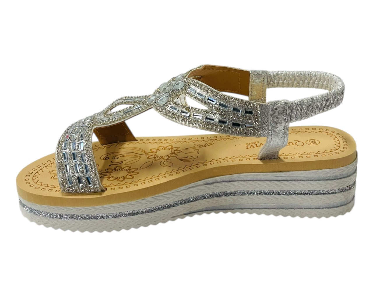 Elastic Ankle Strap Diamante Wedge Sandals