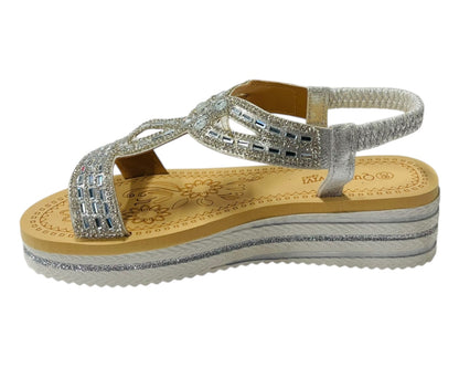 Elastic Ankle Strap Diamante Wedge Sandals