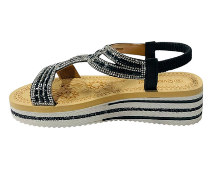 Elastic Ankle Strap Diamante Wedge Sandals