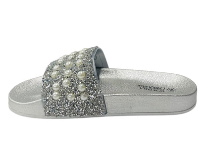 Rhinestone Embellished Flat Slide Sandals