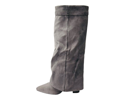 Faux Leather Knee High Fold Over Block Heel Boots