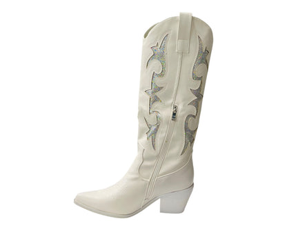 Faux Leather Sequins Embroidery Cowboy Boots