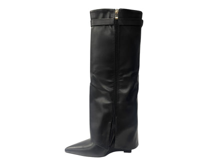 Faux Leather Padlock Knee High Fold Over Wedge Heel Boots