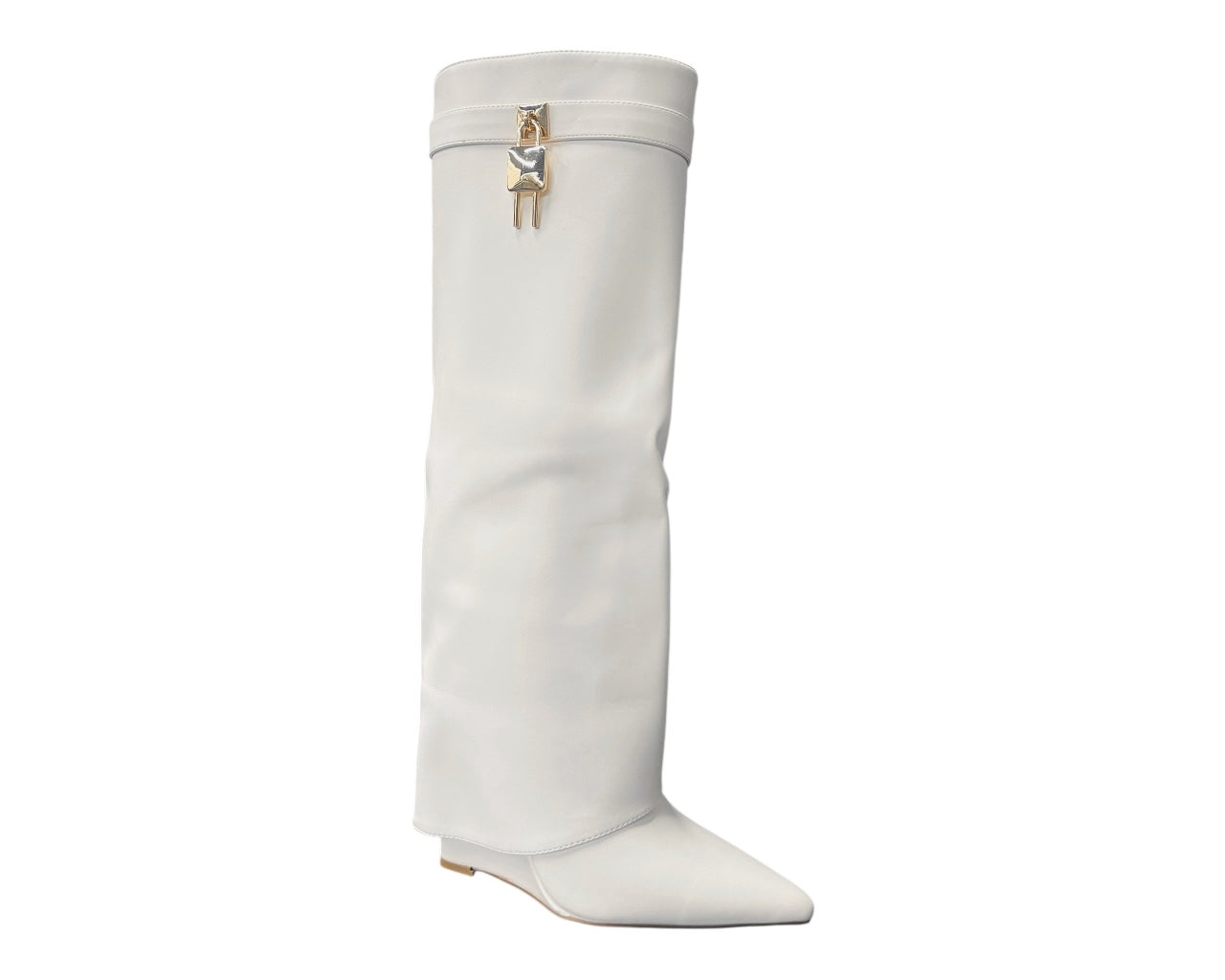 Faux Leather Padlock Knee High Fold Over Wedge Heel Boots