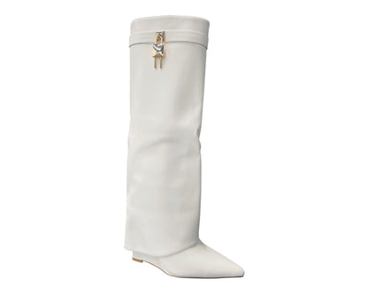 Faux Leather Padlock Knee High Fold Over Wedge Heel Boots