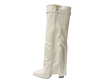 Knee High Faux Leather Fold Over Block Heel Boots