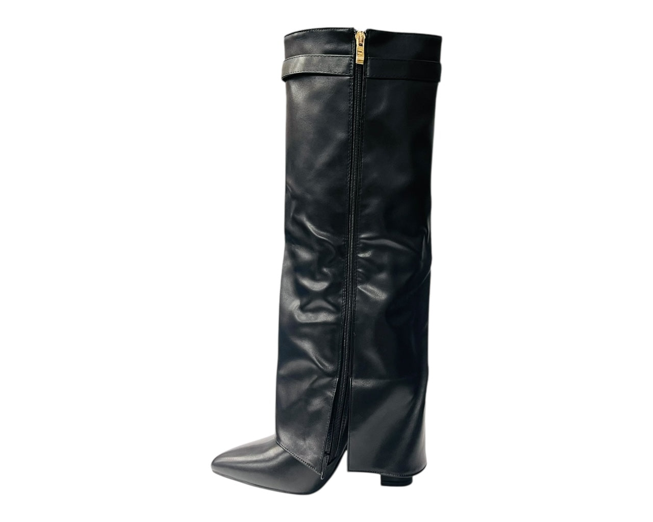 Knee High Faux Leather Fold Over Block Heel Boots