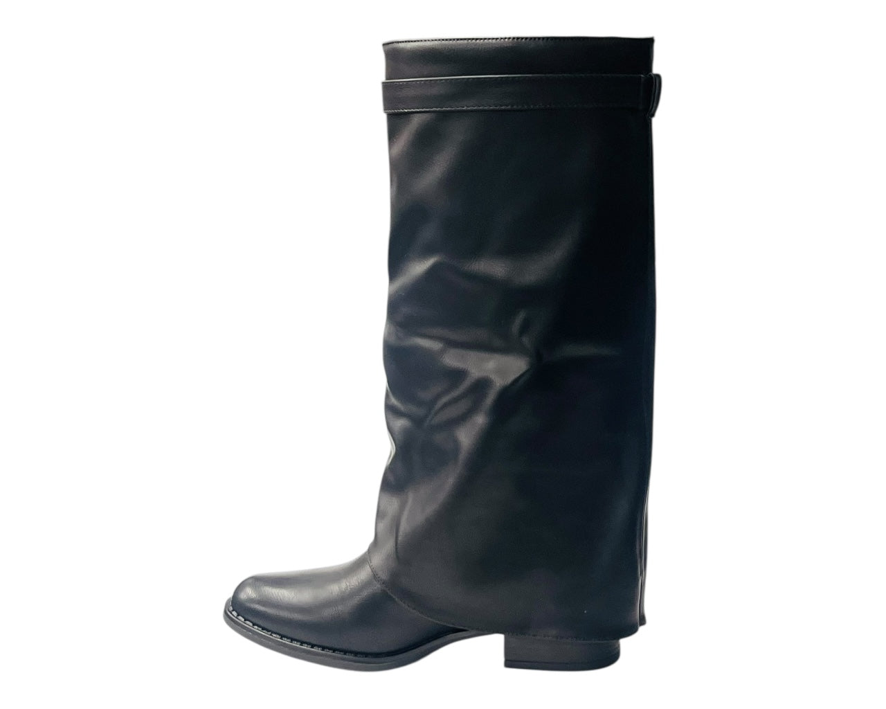 Knee High Faux Leather Fold Over Flat Sole Boots