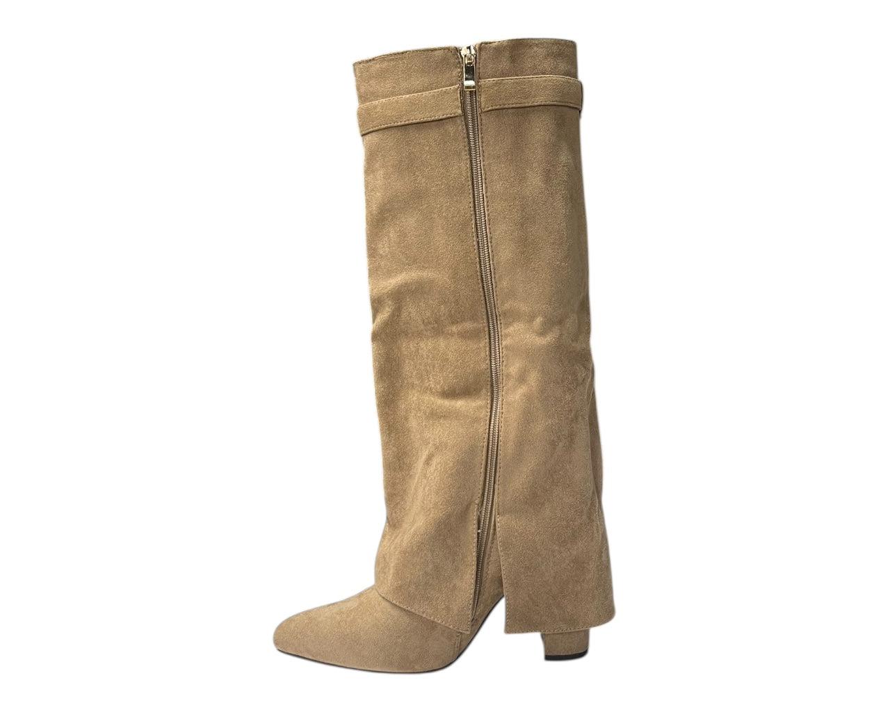 Knee High Faux Suede Fold Over Block Heel Boots