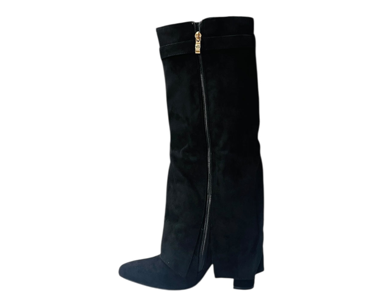 Knee High Faux Suede Fold Over Block Heel Boots