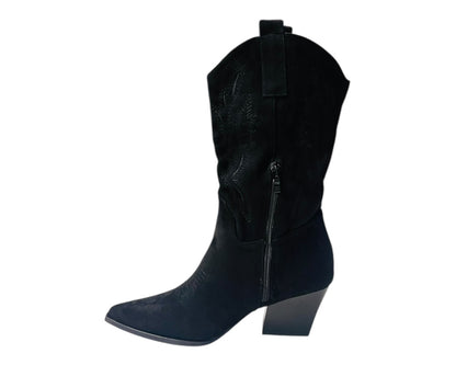 Mid Calf Embroidered Faux Suede Cowboy Boots