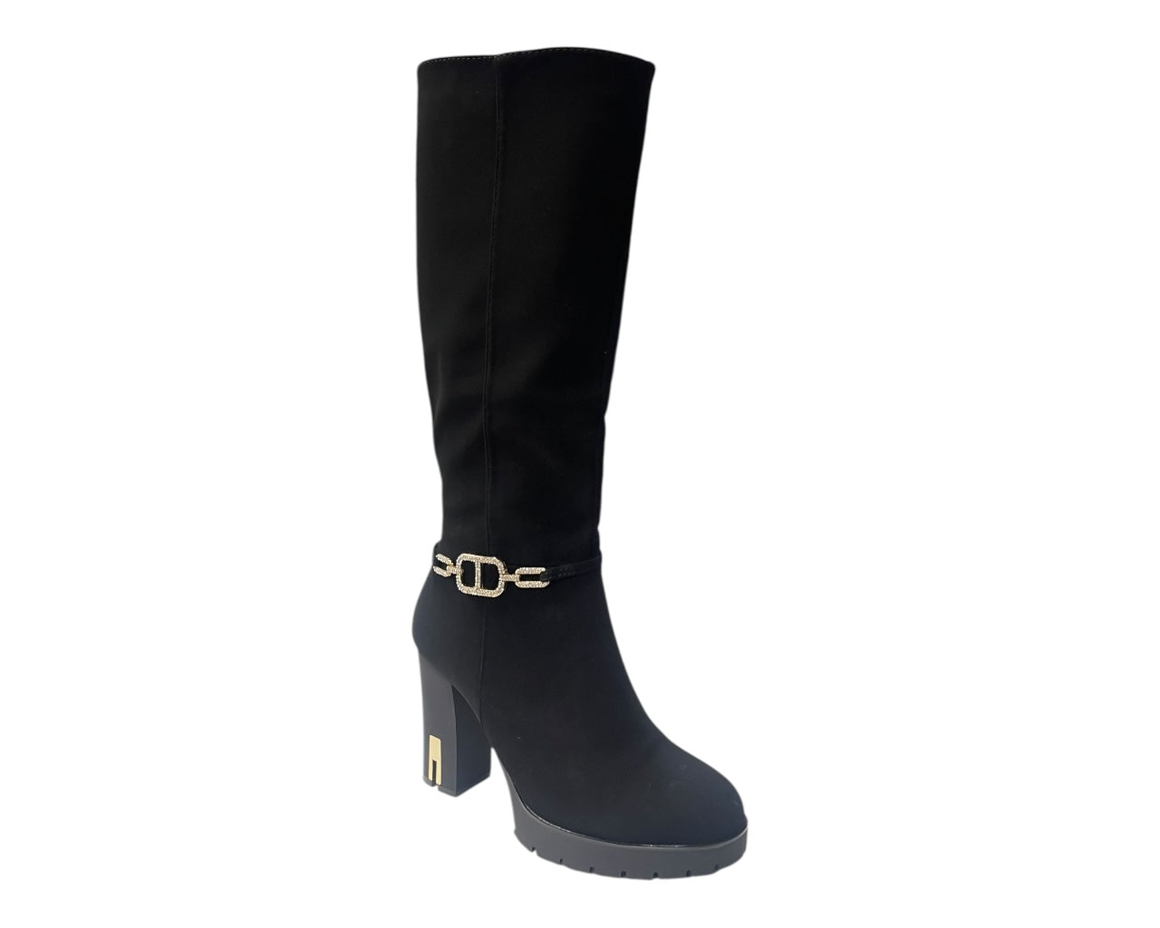 Block Heels Zip Diamante Knee High Boots