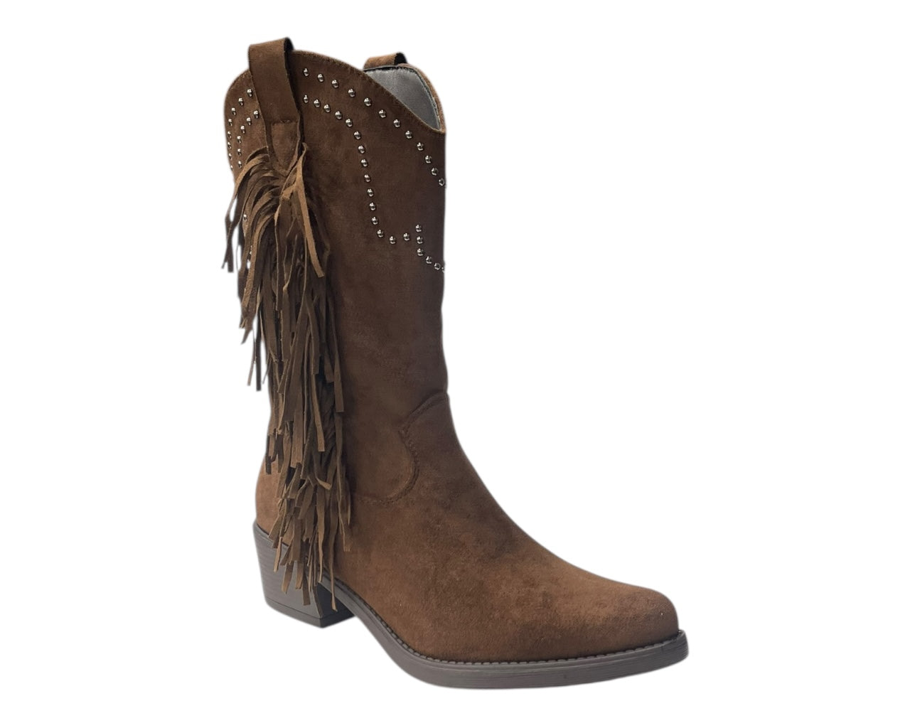 Mid Calf Stud Fringe Faux Suede Tassel Boots