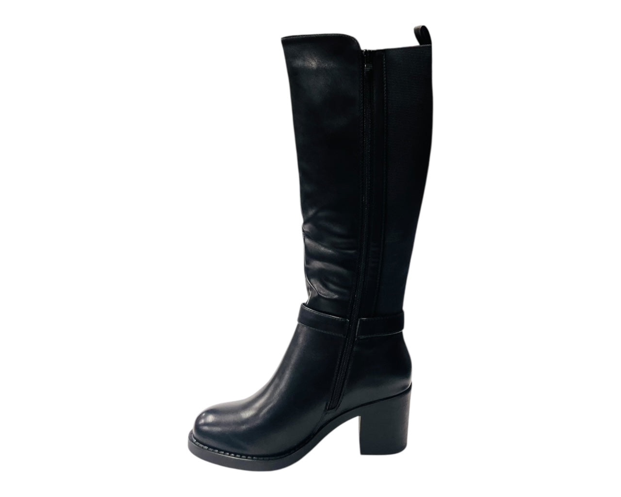 Faux Leather Stretch Panel Zip Knee High Boots
