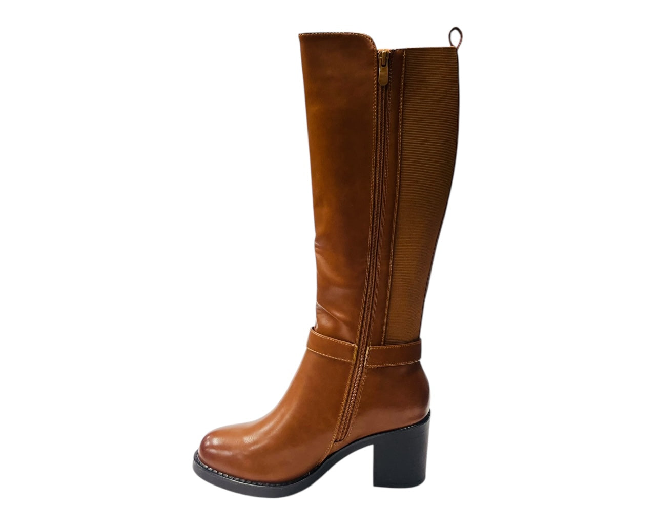 Faux Leather Stretch Panel Zip Knee High Boots
