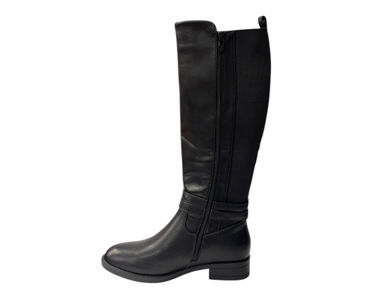 Faux Leather Knee High Elastic Panel Flat Sole Boots