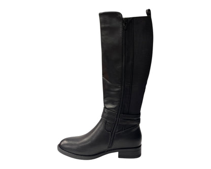 Faux Leather Knee High Elastic Panel Flat Sole Boots