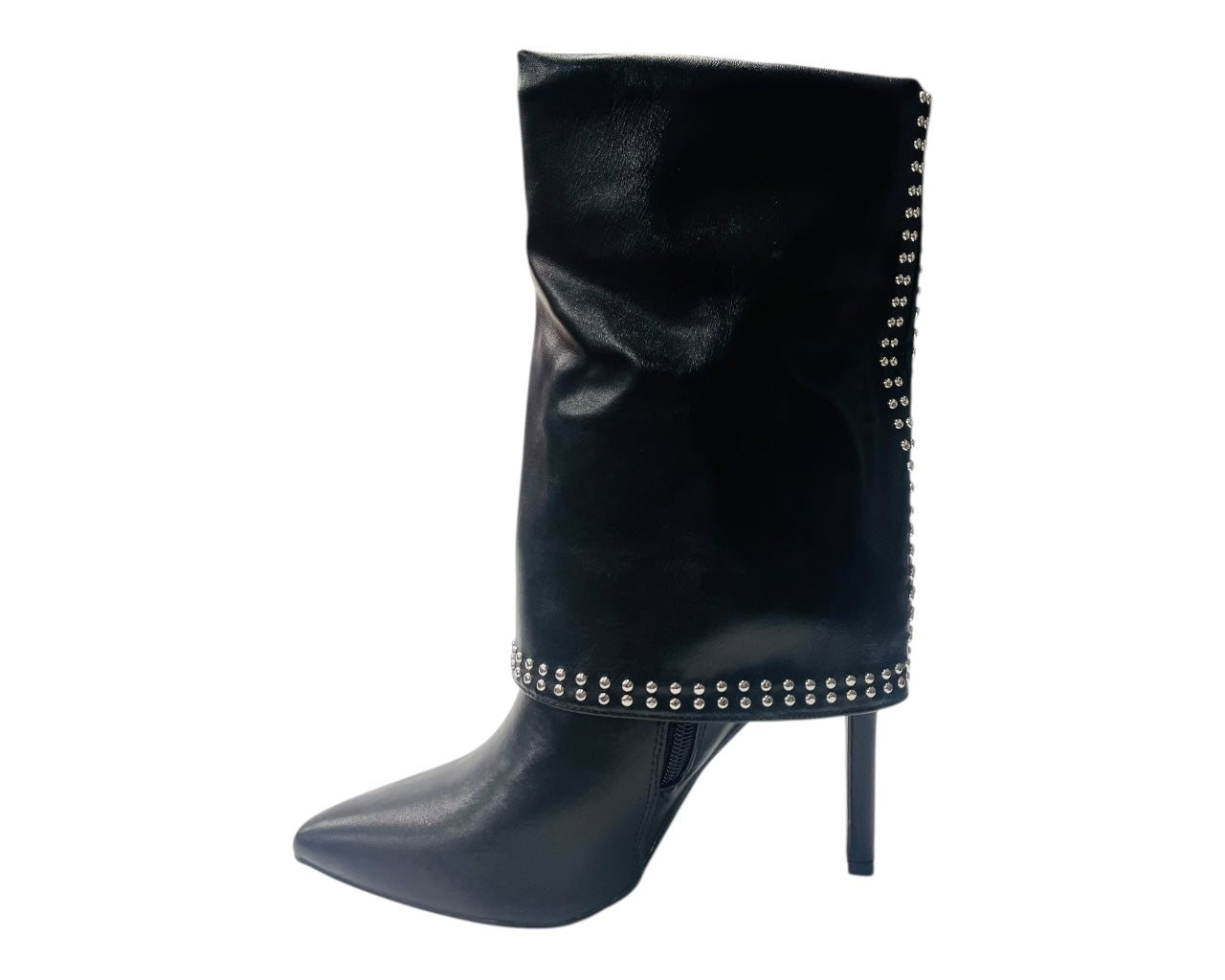 Mid Calf Pointed Toe Studded Fold Over Boots