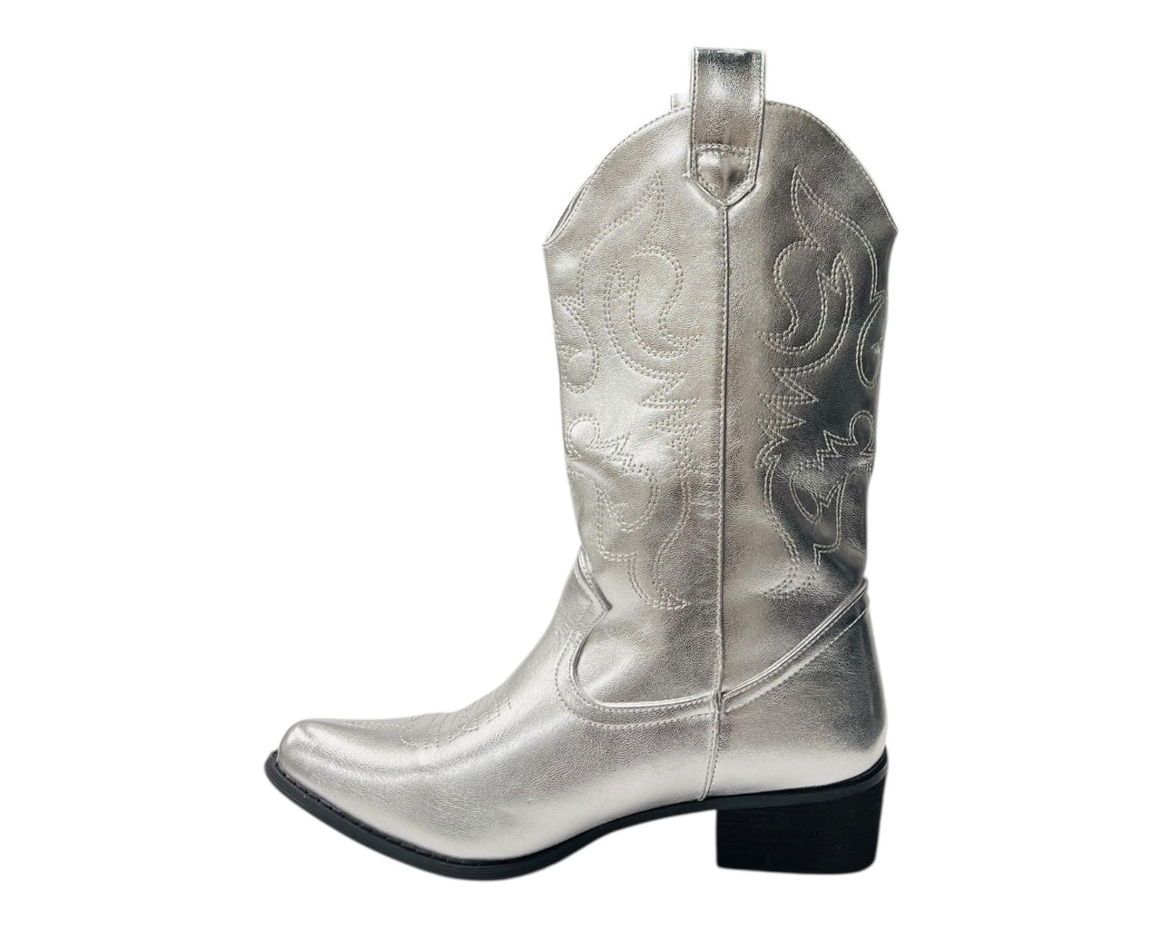 Mid Calf Embroidered Faux Patent Leather Cowboy Boots