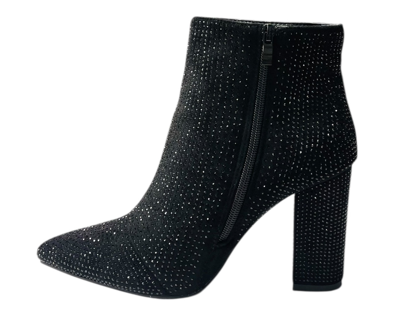 Pointed Toe Block Heel All Over Diamante Zip Ankle Boots